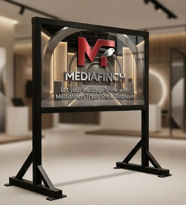 Mediafinch widescreen display on a black floor stand showing the Mediafinch logo