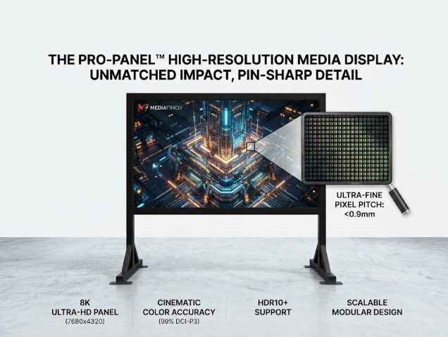 Mediafinch high-resolution widescreen display mounted on a professional floor stand